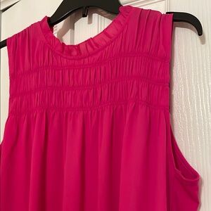 Ann Taylor beautiful pink top with ruffled neckline and rushing gather detail